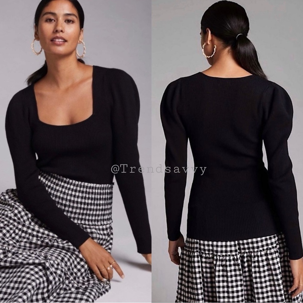 Anthropologie Maeve Black Square Neck Ribbed Knit Puff Sleeve Sweater Top XS NWT